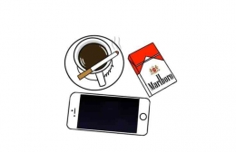 Ilustrasi segelas kopi dan sebungkus rokok, Sumber: twitter.com/Mindfuct