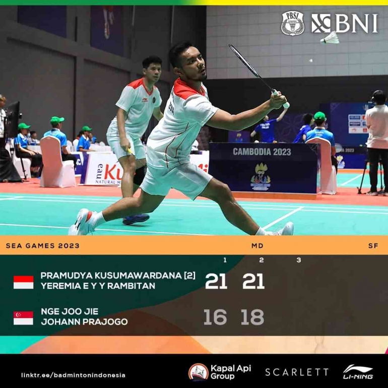 Hasil semifinal cabang bulutangkis perorangan SEA Games, Senin 15 Mei 2023. Pram/Yere menang. (Foto Facebook.com/Badminton Indonesia) 