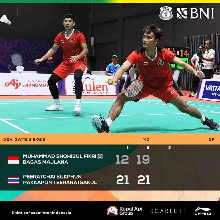 Hasil semifinal cabang bulutangkis perorangan SEA Games, Senin 15 Mei 2023. Fikri/Bagas terjungkal. (Foto Facebook.com/Badminton Indonesia) 