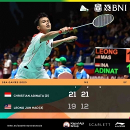 Hasil semifinal cabang bulutangkis perorangan SEA Games, Senin 15 Mei 2023. Adinata menang. (Foto Facebook.com/Badminton Indonesia)