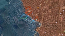 Posisi pasukan Ukraina (panah biru) di pinggiran kota Bakhmut dan ofensif Rusia (panah merah) per 16 Mei 2023. Sumber @Suriyakmaps