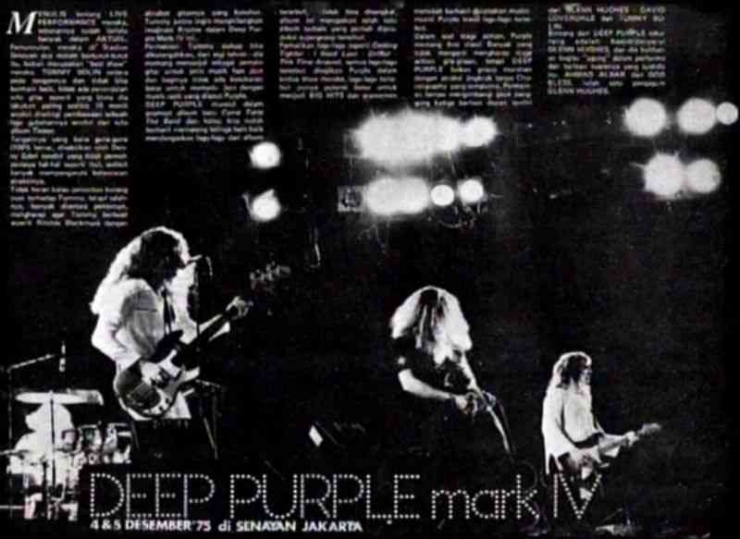 Band rock asal Inggris, Deep Purple, manggung di Senayan pada 4 dan 5 Desember 1975 (Foto: Repro/alinea.id).