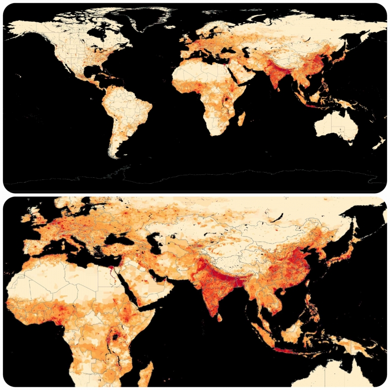 Titik-titik merah adalah pusat sebaran penduduk dunia. Sumber: NOAA dan analisis penulis.