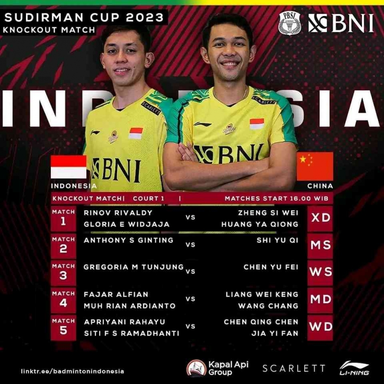 Line Up Perempat Final Piala Sudirman 2023 Indonesia Vs China (Foto : PBSI)