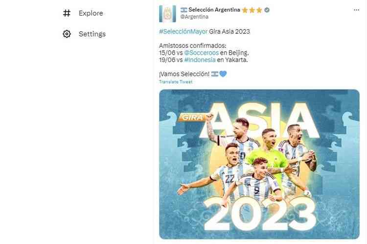 Federasi sepak bola Argentina mengonfirmasi Argentina melawan Indonesia pada 19 juni 2023.(Twitter) via Kompas.com