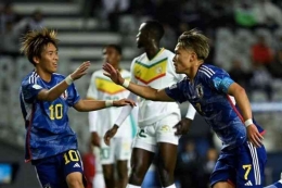 Kuryu Matsuki pencetak gol kemenangan Jepang atas Senegal di Piala Dunia U20 Argentina 2023 (Foto AFP/Luis Rubayo via Kompas.com). 