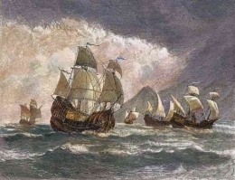 Ilustrasi armada kapal Magellan (Pinterest/Britannica)