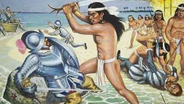 Ilustrasi peperangan antara armada Magellan dan orang Lapulapu di Pulau Mactan (website/magtxt.com)