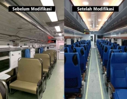 Perbedaan bangku kereta kelas ekonomi sebelum dan sesudah modifikasi | Twitter/ @txttransportasi