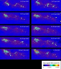 Data spasial Nitrogen dioksida (NO2) yang diambil dari sumber: sensor TROPOMI (TROPOspheric Monitoring Instrument) pada satelit Sentinel-5 Precursor.