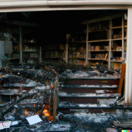 Foto toko buku yang terbakar (dibuat menggunakan Dall-E)