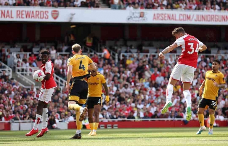 Gol pembuka Granit Xhaka melawan Wolverhampton Wanderers pada (28/5/2023). Sumber foto: Instagram @arsenal