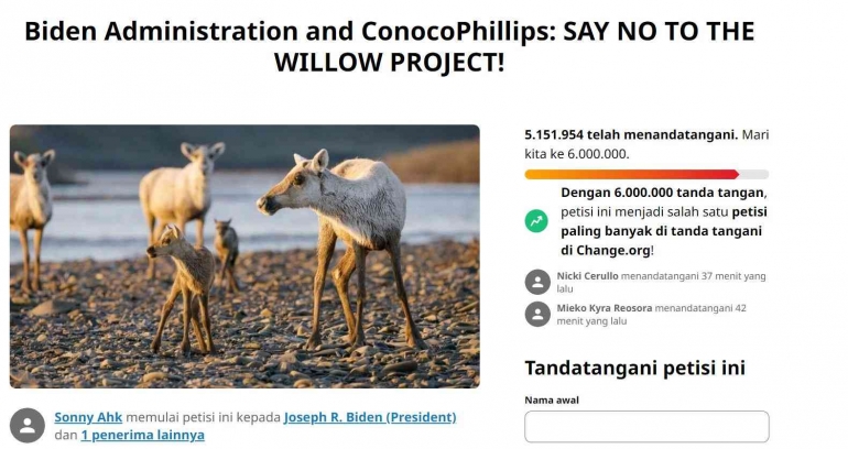 Petisi Stop Willow Project dari laman change.org