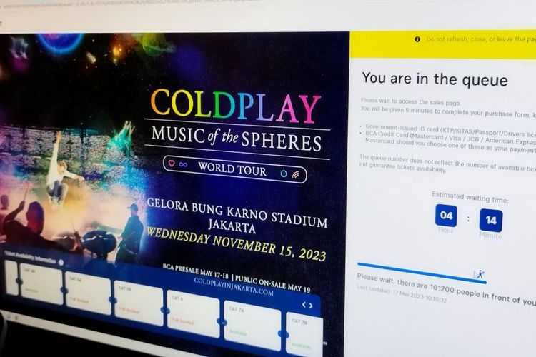 ilustrasi: Tangkapan layar ruang tunggu antrean war tiket konser Coldplay Music of the Spheres, Rabu (16/5/2023).(KOMPAS.com/XENA OLIVIA via kompas.com)