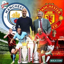 Ilustrasi - Manchester City dan Manchester United Treble Winner (Sumber : Bola.com/Adreanus Titus)