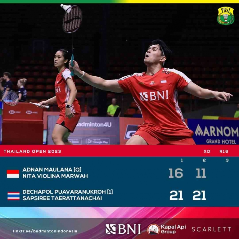 Adnan/Nita dikalahkan oleh unggulan 1 dari Thailand (Foto Facebook.com/Badminton Indonesia)