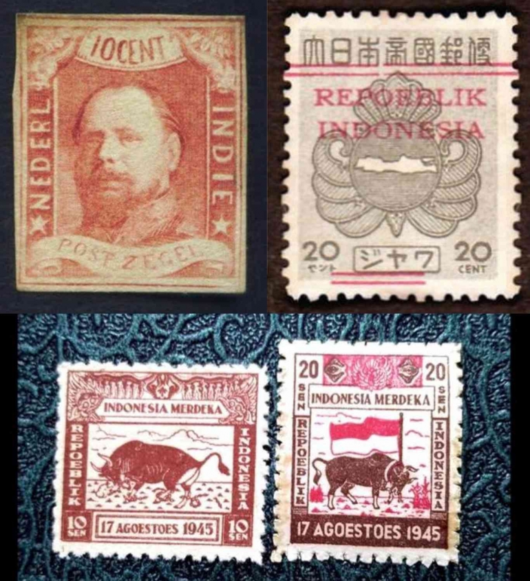 Foto Prangko Indonesia saat zaman Belanda (kiri atas), Jepang (kanan atas), dan Indonesia merdeka (bawah). Sumber: Good News & Bukalapak.com