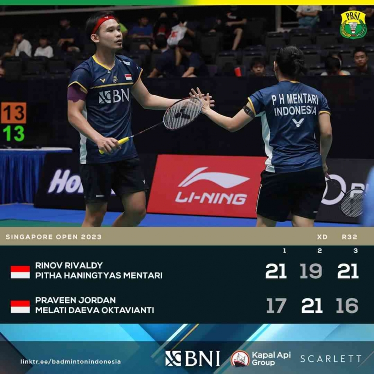 Rinov/Pitha raih kemenangan pertama di Singapore Open 2023 (Foto Facebook.com/Badminton Indonesia) 