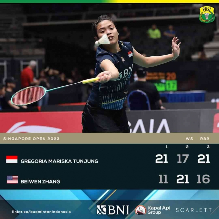 Gregoria kalahkan Zhang Beiwen dari Amerika Serikat dengan 2-1 (Foto Facebook.com/Badminton Indonesia) 