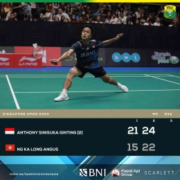 Ginting menang ketat melawan Angus dari Hong Kong. Ginting hampir tertikung di game kedua (Foto Facebook.com/Badminton Indonesia) 