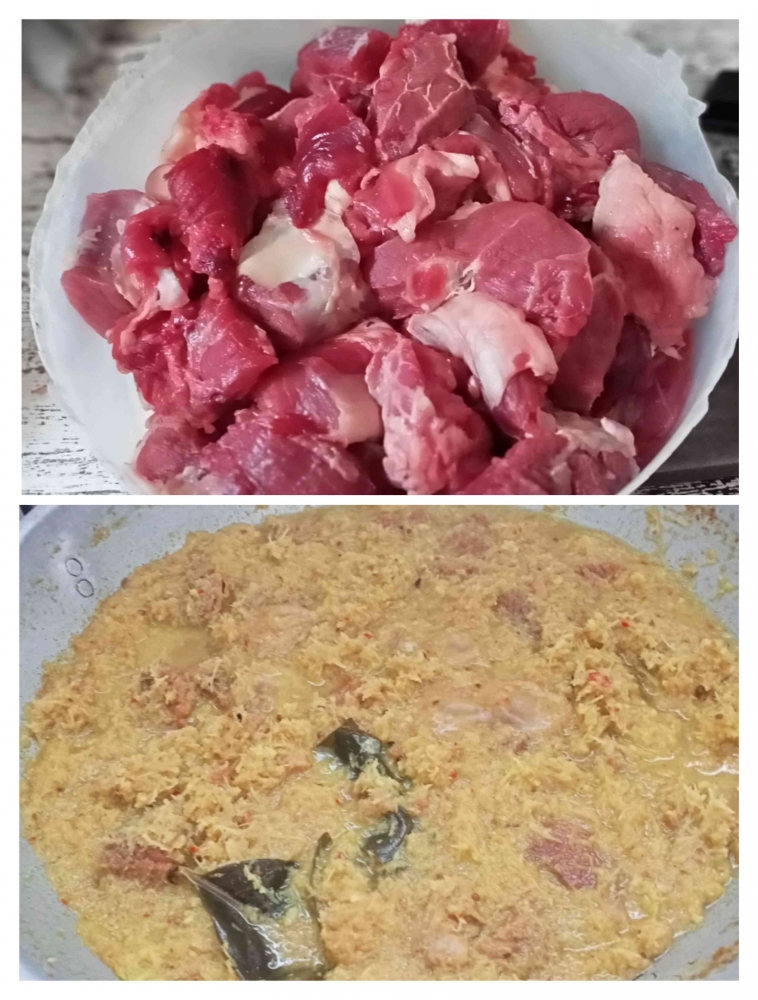 Daging sapi dan proses memasak dendeng ragi (Dokumentasi pribadi)