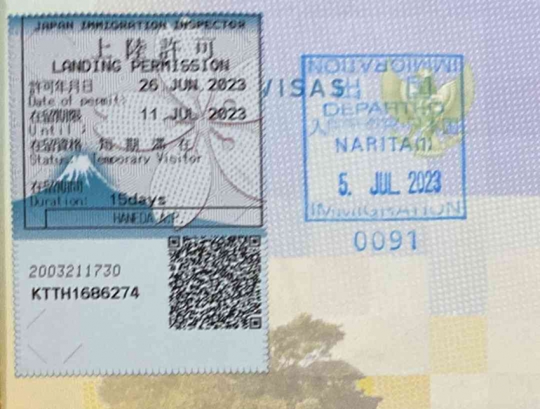 Izin tinggal imigrasi Jepang selama 15 hari sebagai turis sekali jalan berdasarkan visa online (Dokumen Pribadi) 