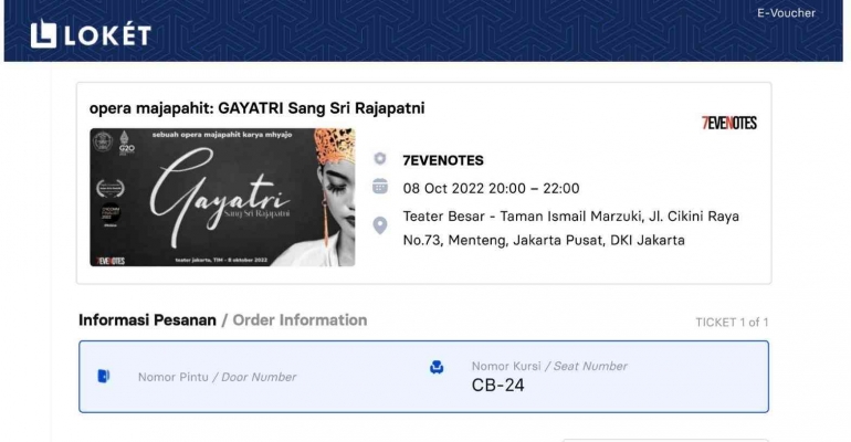 Tiket pemesanan teater Opera Majapahit Gayatri: Sri Rajapatni (sumber: koleksi pribadi)