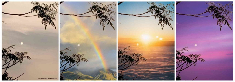 Perbandingan foto asli dan olahan AI dengan pilihan rainbow, sun rise, dan violet (dok. foto pribadi)