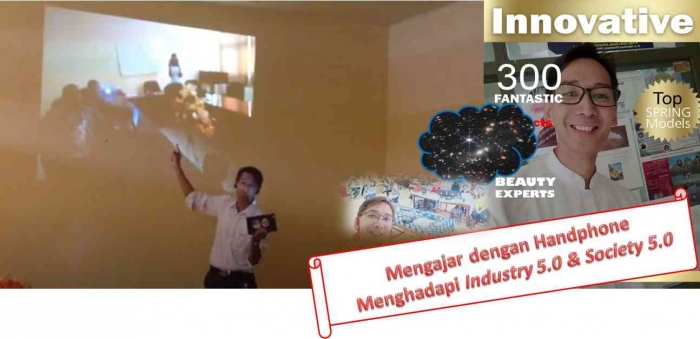 (sumber pribadi) Mengajar dengan menggunakan Handphone yang terkoneksi sistim in focus/ smart TV.