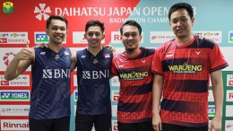 Ganda Putra Indonesia Fajar Alfian/Muhammad Rian Ardianto dan Mohammad Ahsan/Hendra Setiawan Saat Mengikuti Japan Open 2023 (Foto : PBSI)