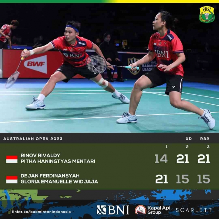 Hasil pertandingan babak penyisihan 32 besar Australia Open Super 500, Rabu 2 Agustus 2023.  Rinov/Pitha won (Foto Facebook.com/Badminton Indonesia) 