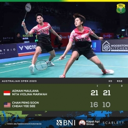 Hasil pertandingan babak penyisihan 32 besar Australia Open Super 500, Rabu 2 Agustus 2023. Adnan Nita won (Foto Facebook.com/Badminton Indonesia) 