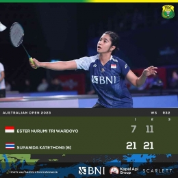 Hasil pertandingan babak penyisihan 32 besar Australia Open Super 500, Rabu 2 Agustus 2023. Ester Kalah (Foto Facebook.com/Badminton Indonesia) 