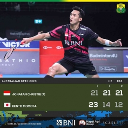 Hasil pertandingan babak penyisihan 32 besar Australia Open Super 500, Rabu 2 Agustus 2023. Jojo menang (Foto Facebook.com/Badminton Indonesia) 