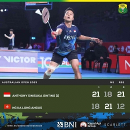 Hasil pertandingan babak penyisihan 32 besar Australia Open Super 500, Rabu 2 Agustus 2023. Ginting melaju (Foto Facebook.com/Badminton Indonesia) 