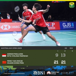 Hasil pertandingan babak 16 besar Australia Open Hari Ketiga, Kamis 3 Agustus 2023. Adnan/Nita KO (Foto Facebook.com/Badminton Indonesia) 