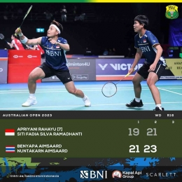 Hasil pertandingan babak 16 besar Australia Open Hari Ketiga, Kamis 3 Agustus 2023. Apri/Siti keok (Foto Facebook.com/Badminton Indonesia) 