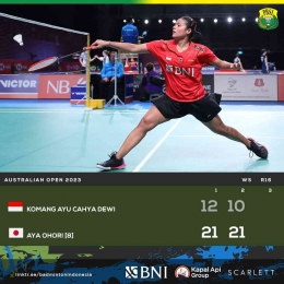 Hasil pertandingan babak 16 besar Australia Open Hari Ketiga, Kamis 3 Agustus 2023. Komang salah kamar (Foto Facebook.com/Badminton Indonesia) 