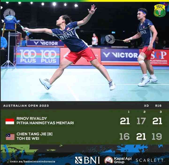 Hasil pertandingan babak 16 besar Australia Open Hari Ketiga, Kamis 3 Agustus 2023. Ripit tipis (Foto Facebook.com/Badminton Indonesia) 