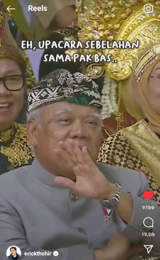 Unggahan foto menteri Basuki Hadimuljono disertai tulisan ringan pada IG Erick Thohir (dok foto: screenshot instagram/erickthohir)