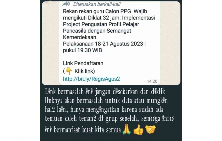 Modus penipuan digital berkedok pelatihan daring kepada para tenaga pendidik. (koleksi Akbar Pitopang via WAG)