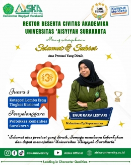 Mahasiswa Universitas 'Aisyiyah Surakarta (AISKA), Enur Rara Lestari, memenangkan Lomba Essay dengan karya mengenai diabetes. (dok)