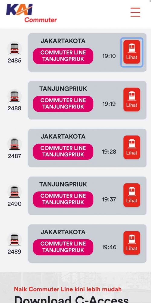 Cek jadwal dan rute di laman KAI commuter