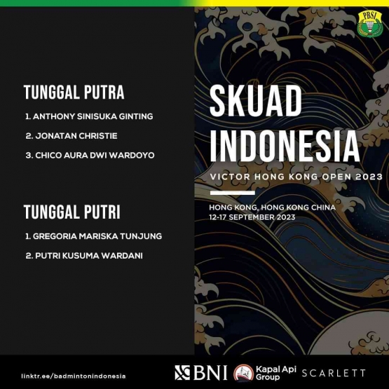 Perwakilan Indonesia di turnamen bulutangkis Hong Kong Open 2023 Super 500 Berhadiah Total USD 420.000 (Foto Facebook.com/Badminton Indonesia)
