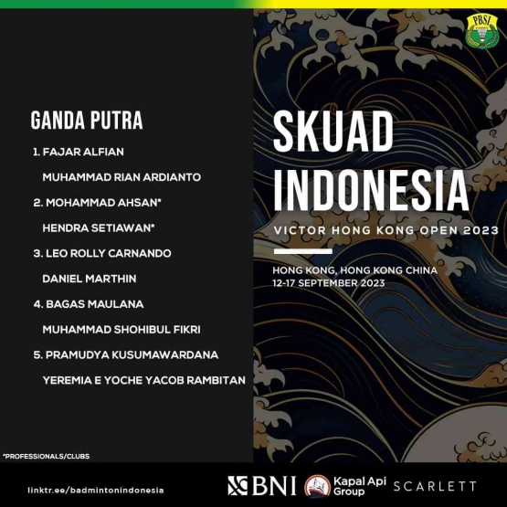 Perwakilan Indonesia di turnamen bulutangkis Hong Kong Open 2023 Super 500 Berhadiah Total USD 420.000 (Foto Facebook.com/Badminton Indonesia)