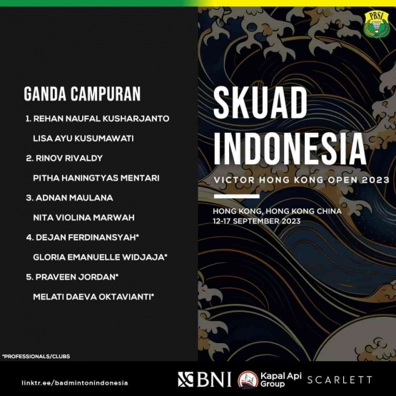 Perwakilan Indonesia di turnamen bulutangkis Hong Kong Open 2023 Super 500 Berhadiah Total USD 420.000 (Foto Facebook.com/Badminton Indonesia)