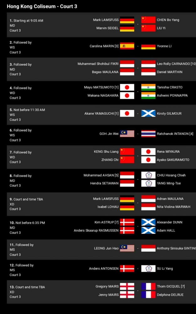 Drawing dan jadwal lengkap babak 16 besar turnamen bulutangkis Hong Kong Open 2023 (Foto Bidik Layar BWFbadminton.com)