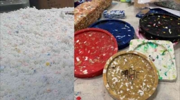 Sumber: Foto Pribadi. Keterangan: Flakes (kiri) bahan baku yang akan diproses menjadi tatakan gelas (kanan)