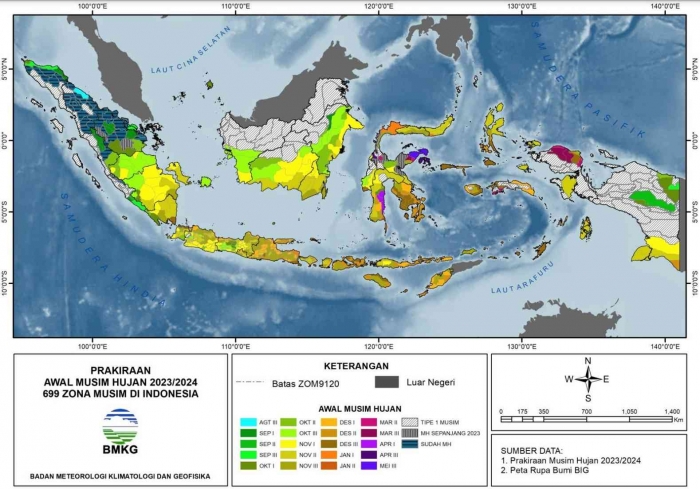 Peta Prakiraan Awal Musim Hujan 2023/2024 di Indonesia. sumber: Kedeputian Bidang Klimatologi BMKG