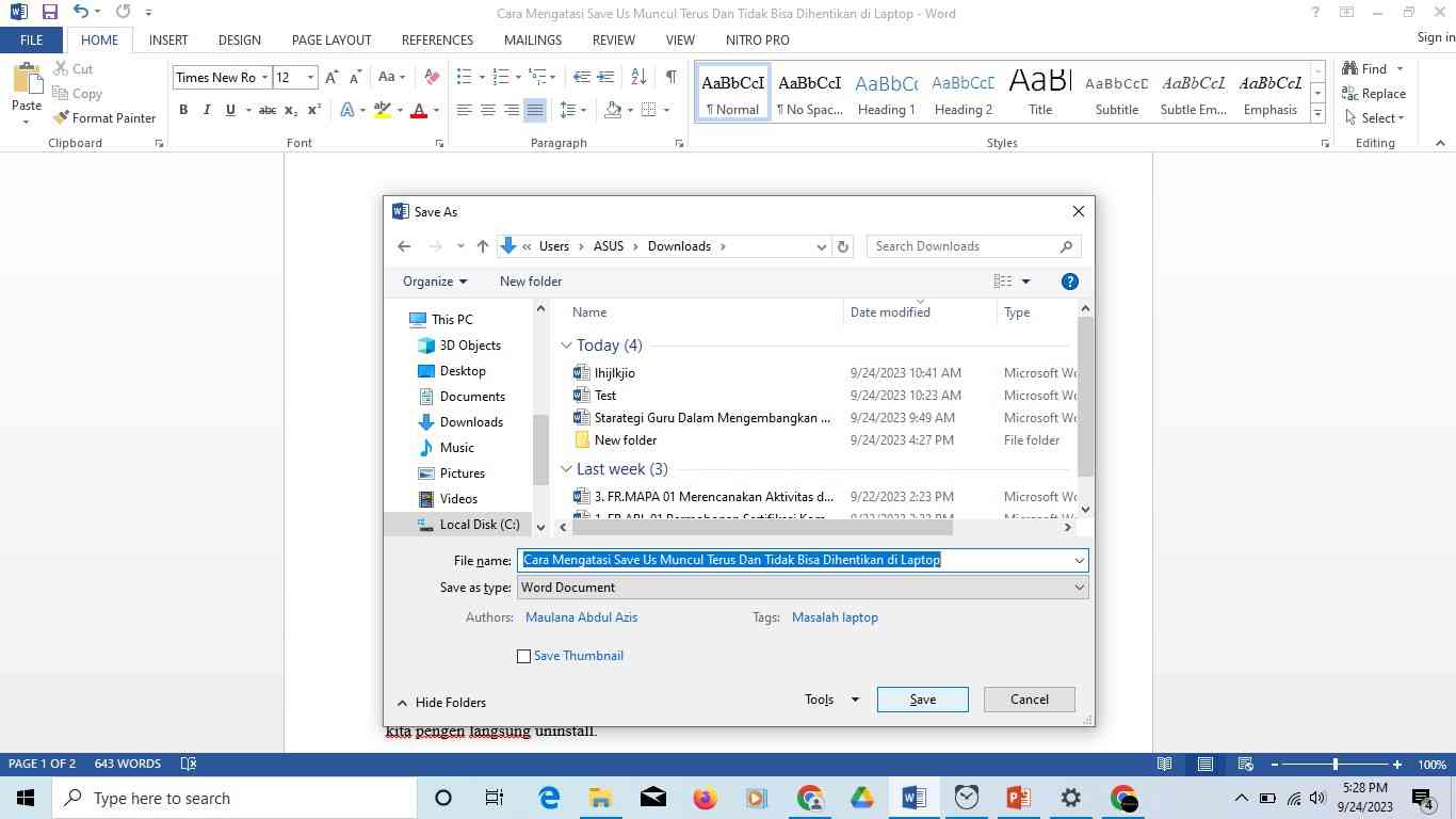 Cara Mengatasi Save As Muncul Terus Di Word/Laptop Dan Tidak Bisa ...